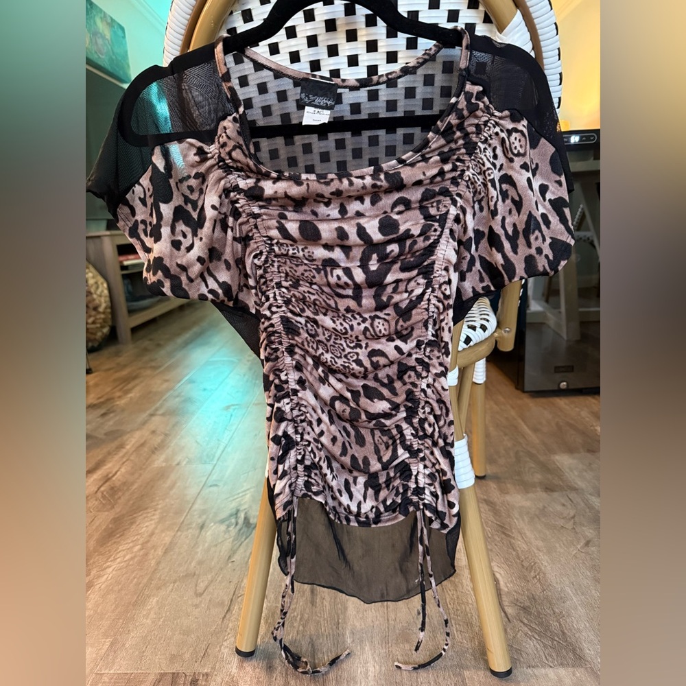 Vintage Y2K Buckle Daytrip Leopard Print Ruched Sheer Back Women's Top Size S